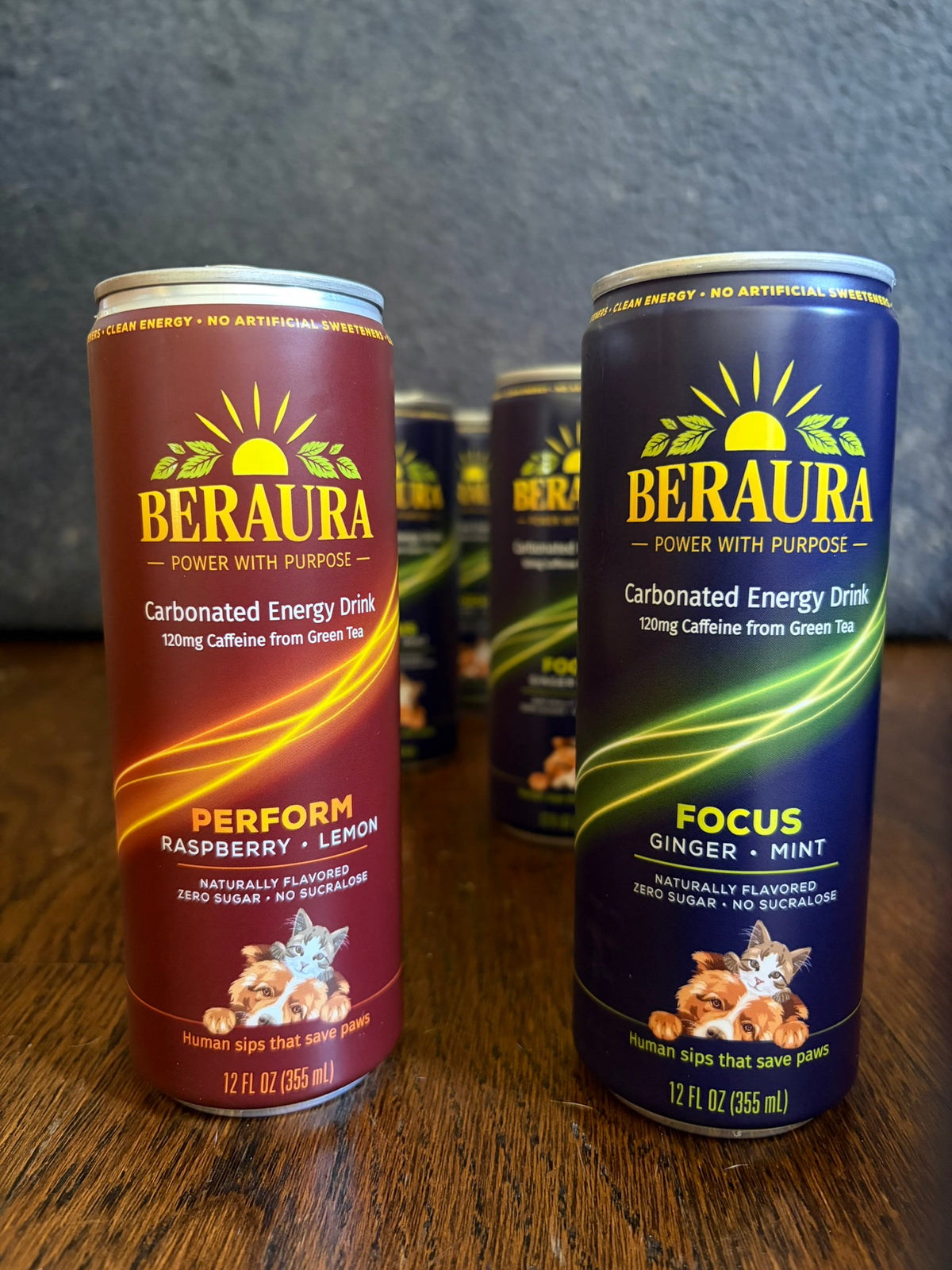 BERAURA PERFORM Raspberry Lemon and FOCUS Ginger Mint cans