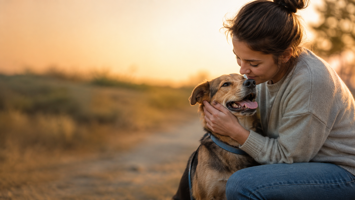 Woman embracing a dog at sunset, representing BERAURA’s animal rescue mission and Power With Purpose.
