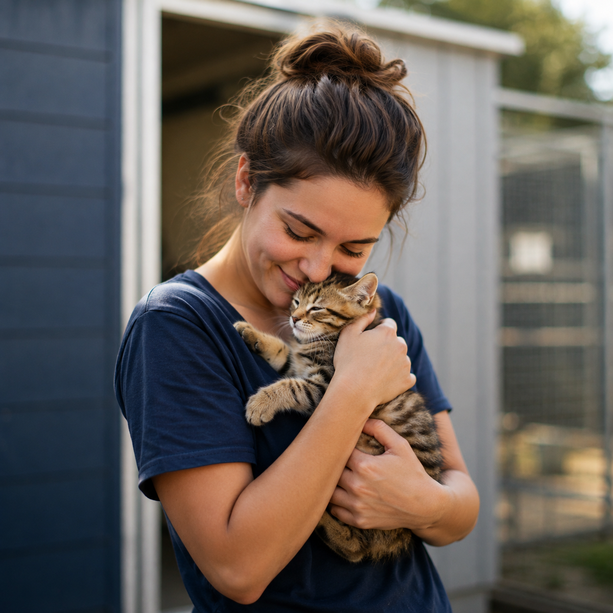 Woman holding a kitten at an animal shelter, representing BERAURA’s support for animal rescue organizations and second chances.