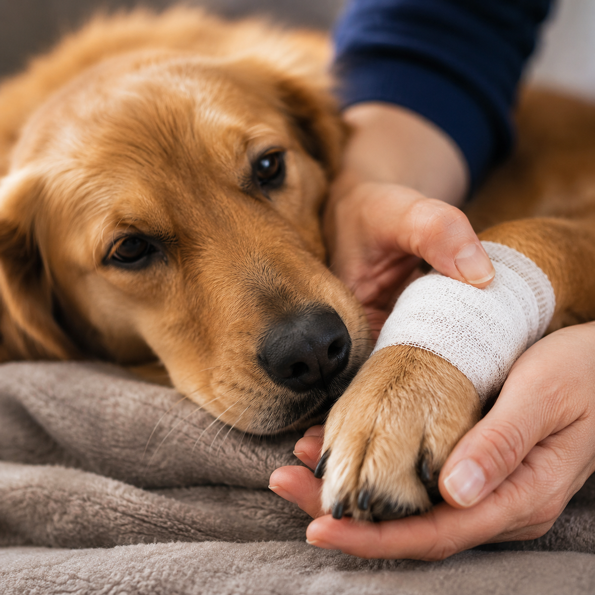 Dog receiving gentle care for a bandaged paw, representing BERAURA’s support for animal care and pet owners in need.
