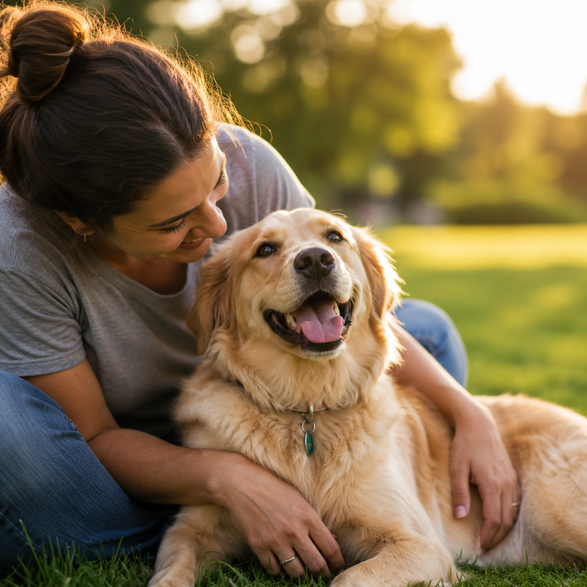 Woman with a happy dog outdoors, representing BERAURA’s support for animal rescue, second chances, and pets in need.