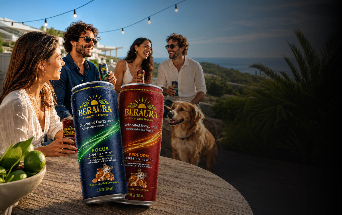 Friends enjoying BERAURA FOCUS and PERFORM carbonated energy drinks outdoors, with a dog nearby.