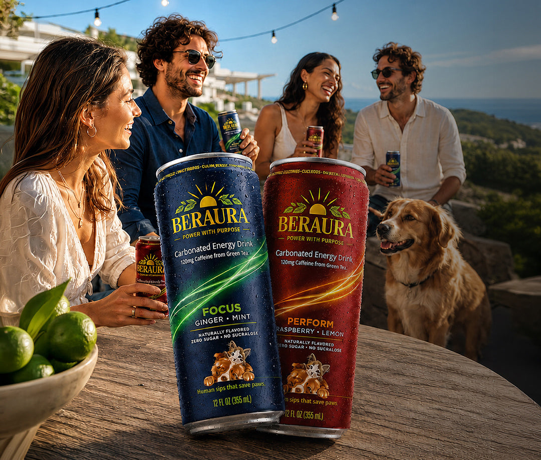 Four friends sitting with a dog on a deck in front of a beachfront background, drinking Beraura Carbonated Energy Drink (both FOCUS and PERFORM formulas).