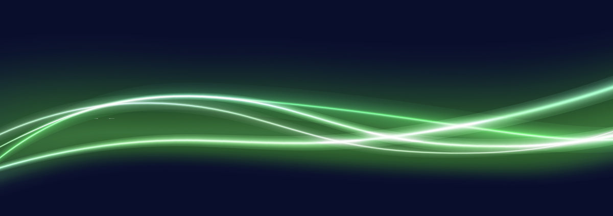A dark blue background, with abstract, neon green waves running across the center