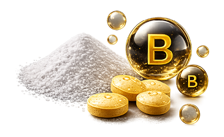 Icon: four yellow tablets, bubbles labeled with "B," and small pile of vitamin powder, representing  "B-Vitamin Complex"