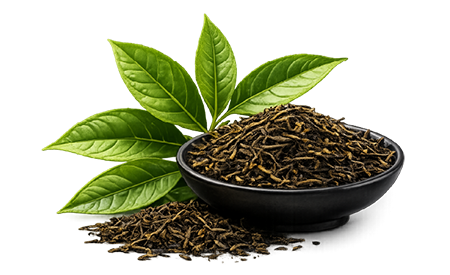 Icon: green tea leaves, next to a bowl of dried tea