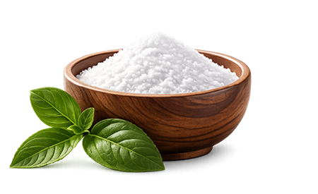 Icon: a sprig of green leaves next to a wooden bowl of powdered l-theanine
