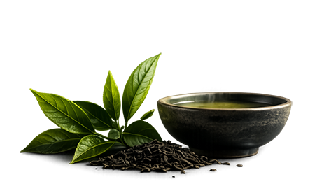 Icon: fresh green tea leaves, small pile of dried ea leaves, and a ceramic bowl of brewed tea, representing "120mg of natural caffeine"