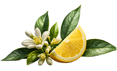 Lemon wedge, blossoms and green leaves representing BERAURA’s naturally flavored carbonated energy drinks.