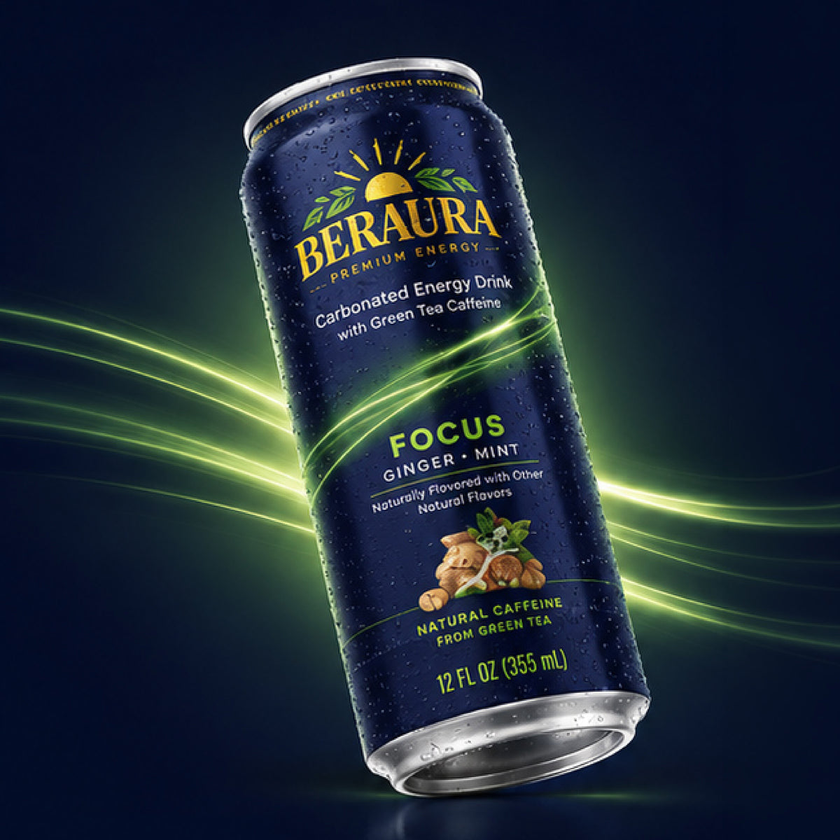 12fl oz (355ml) Can of Beraura FOCUS Energy Drink canted against a blue background with neon green bolts, featuring Beraura company logo, text ("Carbonated Energy Drink; 120mg Caffeine from Green Tea"), and a picture of a cat and dog against a dark blue background.