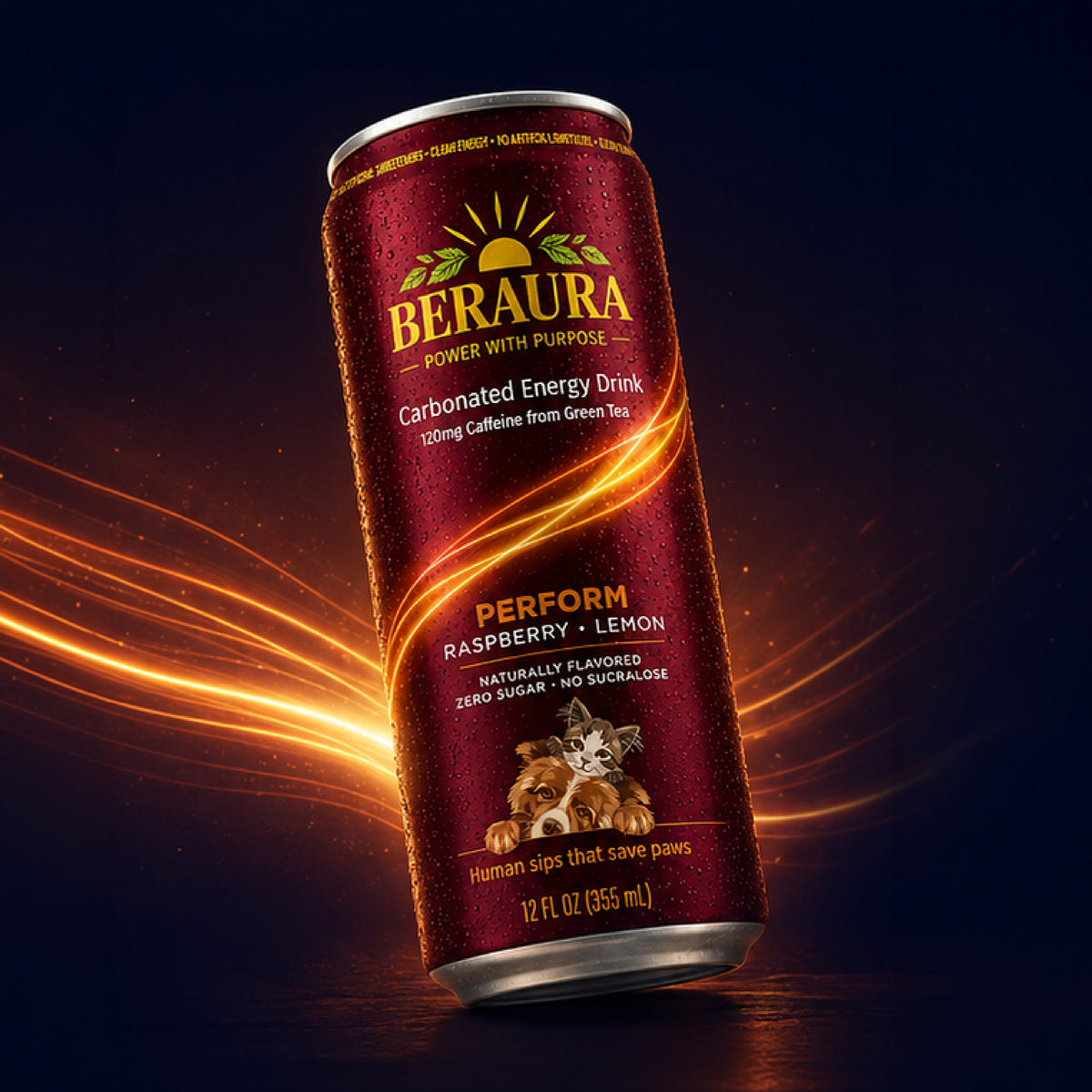 12fl oz (355ml) Can of Beraura PERFORM Energy Drink canted against a blue background with neon orange bolts, featuring Beraura company logo, text ("Carbonated Energy Drink; 120mg Caffeine from Green Tea"), and a picture of a cat and dog against a dark red background.