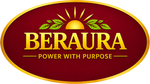 Beraura brand logo: company name in stylized gold letters below a sun rising against a red background, and above the company tagline "power with purpose"