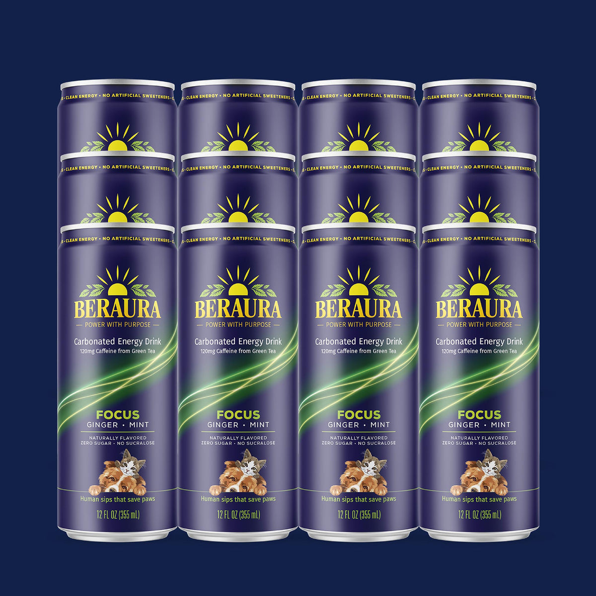 BERAURA FOCUS Ginger Mint 12-pack of zero sugar carbonated energy drinks with 120 mg natural caffeine from green tea.