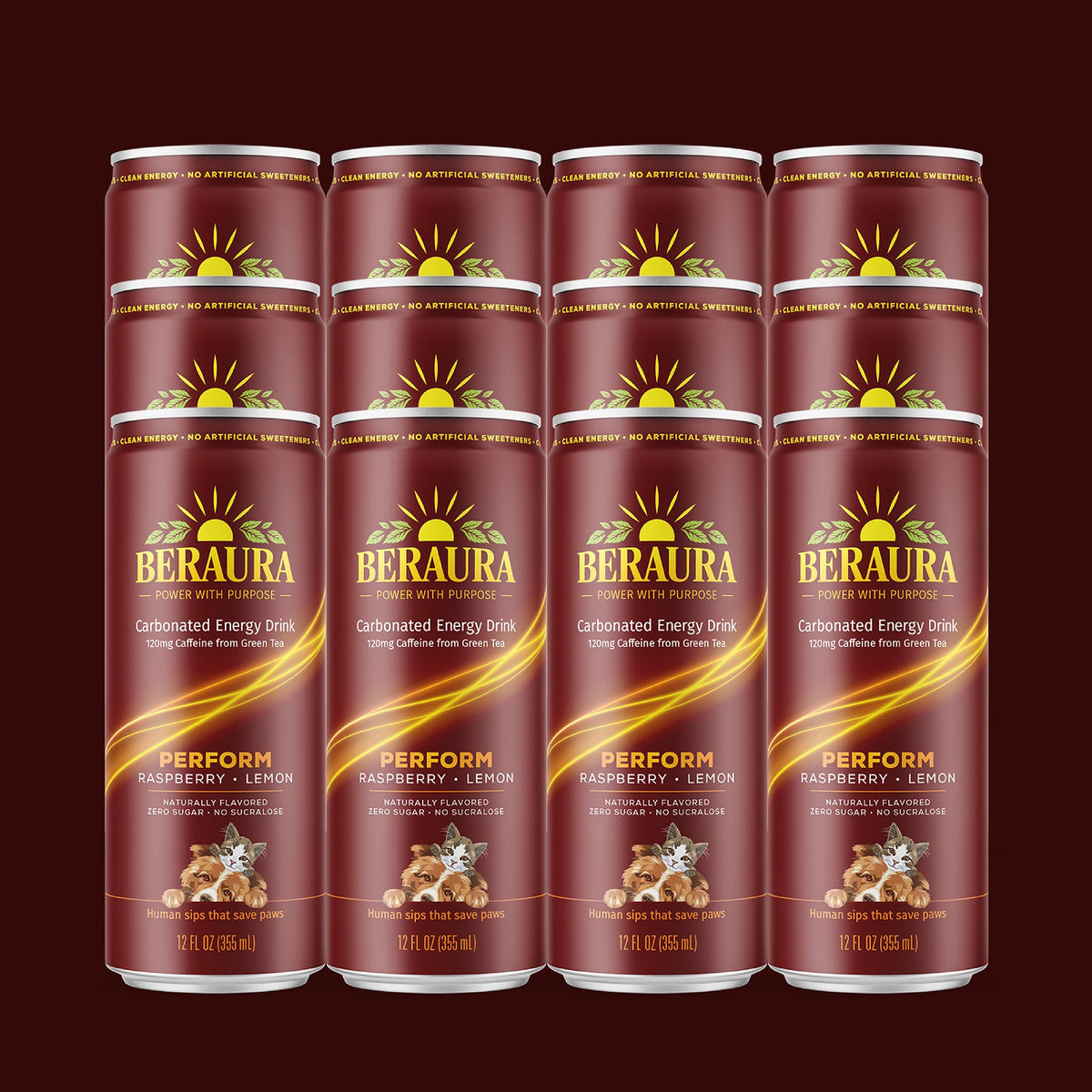 BERAURA PERFORM Raspberry Lemon 12-pack of zero sugar carbonated energy drinks with 120 mg natural caffeine from green tea.