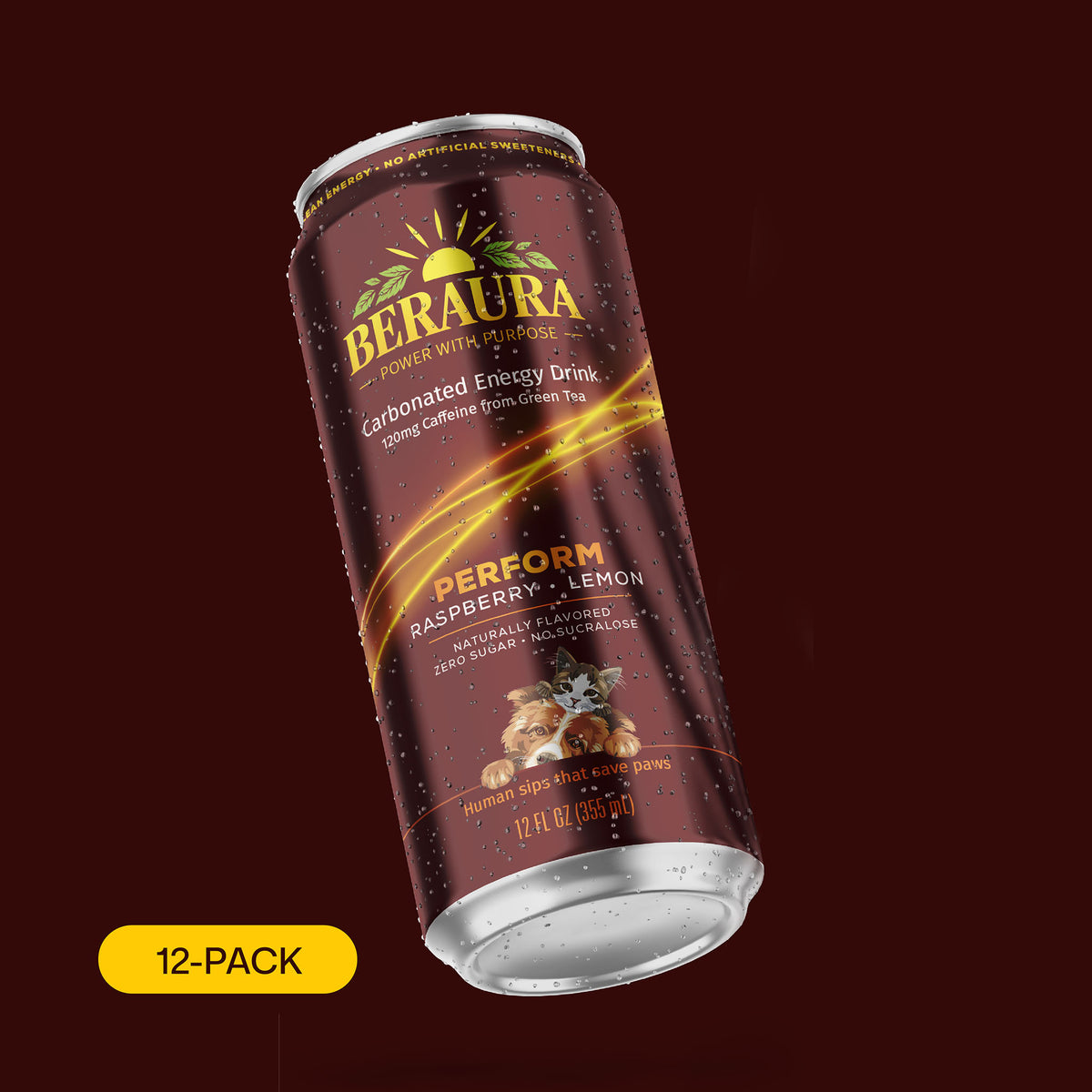 BERAURA PERFORM Raspberry Lemon 12-pack, zero sugar carbonated energy drink with 120 mg natural caffeine from green tea.