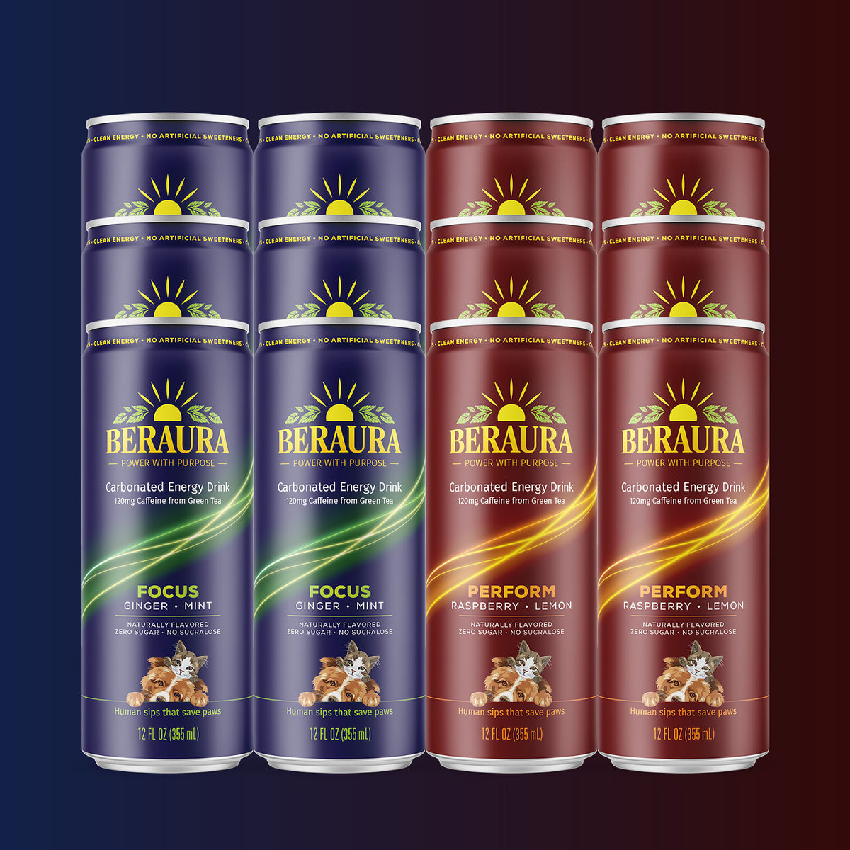BERAURA mixed 12-pack with 6 FOCUS Ginger Mint and 6 PERFORM Raspberry Lemon zero sugar carbonated energy drinks with 120 mg natural caffeine from green tea.