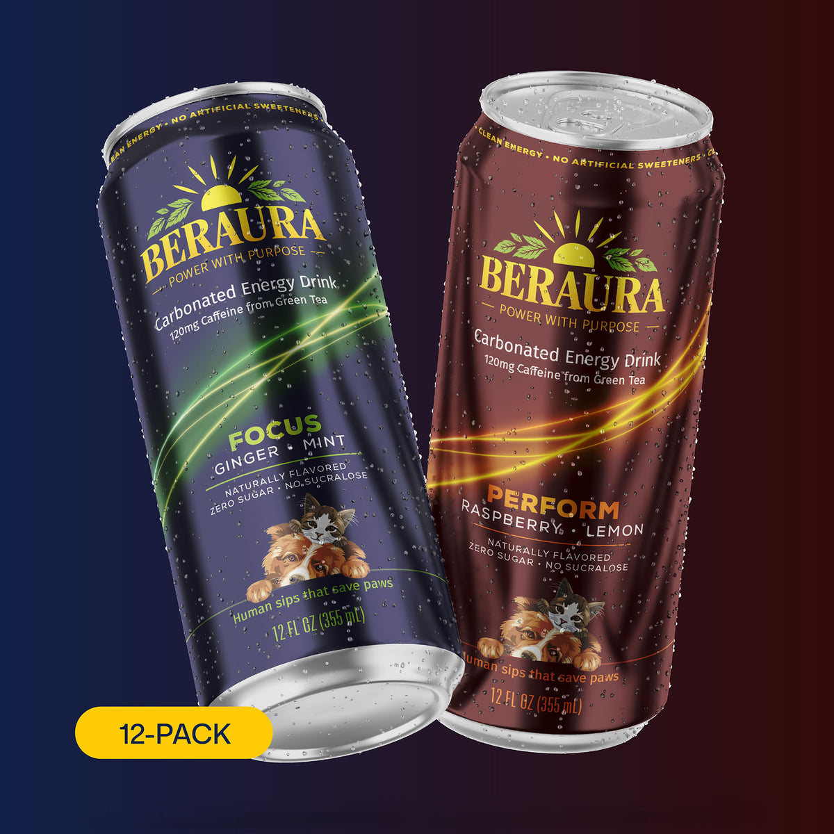 BERAURA mixed 12-pack with FOCUS Ginger Mint and PERFORM Raspberry Lemon zero sugar carbonated energy drinks with 120 mg natural caffeine from green tea.