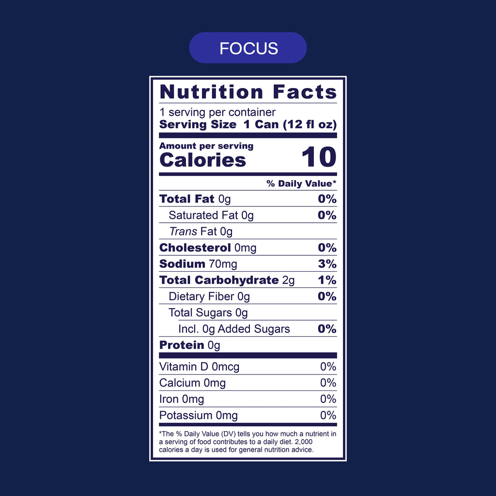 BERAURA FOCUS Nutrition Facts label for one 12 fl oz can: 10 calories, 0 g sugar, 2 g carbs, and 70 mg sodium.