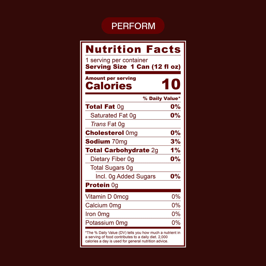 BERAURA PERFORM Nutrition Facts label for one 12 fl oz can: 10 calories, 0 g sugar, 2 g carbs, and 70 mg sodium.